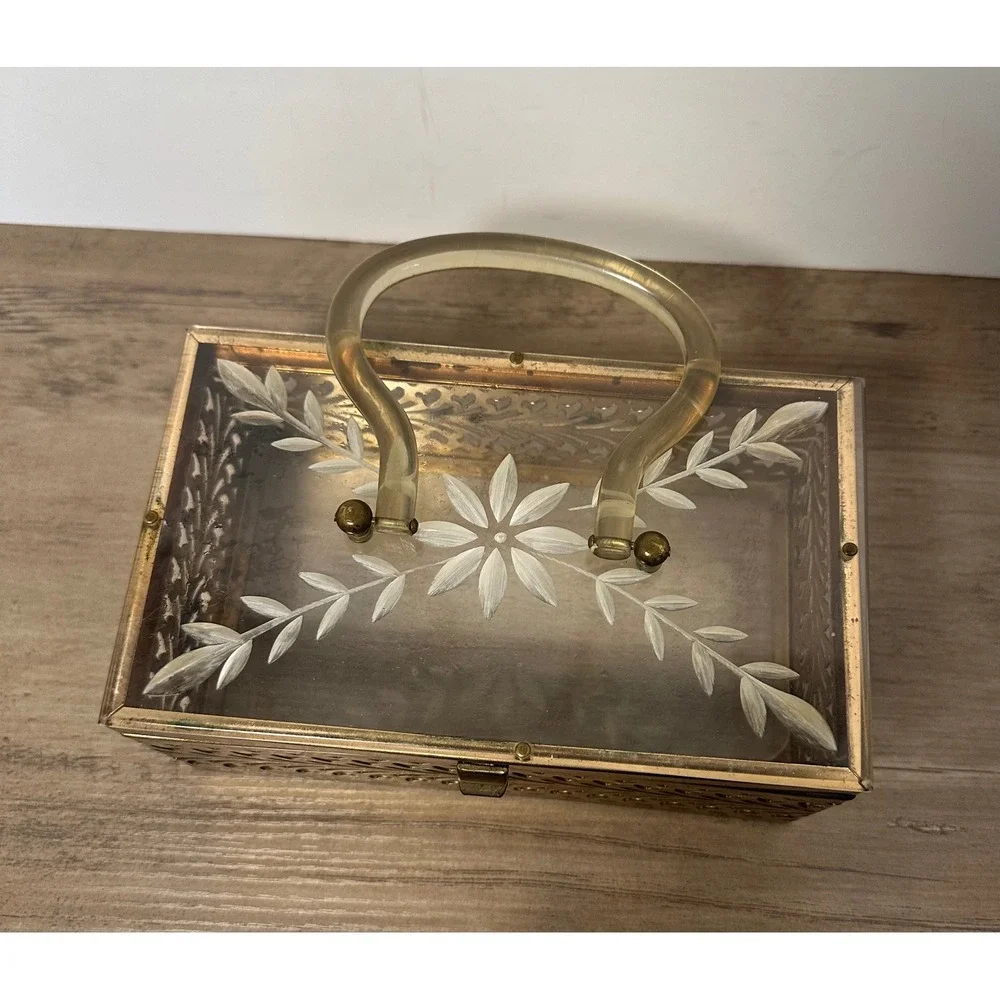 Vintage Metal‎ Filigree Vanity Box Case Rectangular Lucite Handle Purse READ